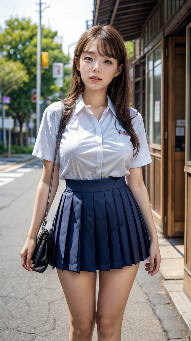 a beautiful 18 year old Japanese high school girl with perfect anatomy, healthy thighs, beautiful legs, beautiful skin, random hair color and style, large breasts, (wearing a Japanese schoolgirl uniform:1.3), (she is standing:1.2), penny loafers, holding a student bag, full body shot, standing on a city street, (best quality,4k,8k,highres,masterpiece:1.3),(extremely detailed:1.2), photorealistic, ultra-detailed, vivid colors, studio lighting, professional, shinozakiai