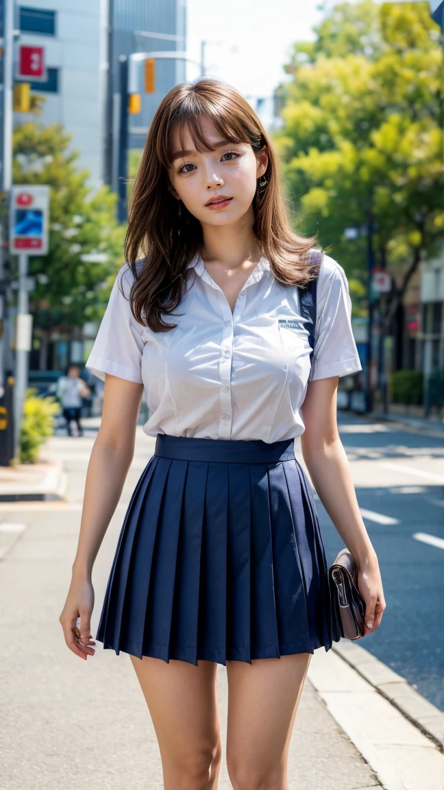 a beautiful 18 year old Japanese high school girl with perfect anatomy, healthy thighs, beautiful legs, beautiful skin, random hair color and style, large breasts, (wearing a Japanese schoolgirl uniform:1.3), (she is standing:1.2), penny loafers, holding a student bag, full body shot, standing on a city street, (best quality,4k,8k,highres,masterpiece:1.3),(extremely detailed:1.2), photorealistic, ultra-detailed, vivid colors, studio lighting, professional, shinozakiai