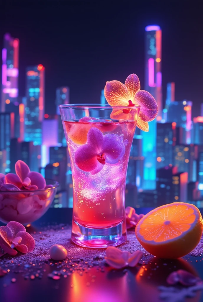 (best quality, 128k,highres,masterpiece:1.2),ultra-detailed,(realistic,photorealistic,photo-realistic:1.37), ((masterpiece)) ((photography)) ((Highest quality))  A glowing cocktail named "Neon Breeze" served in a futuristic LED-lit glass.  
It features butterfly pea flower tea, lemon juice, gin, tonic water, and a touch of edible glitter for a shimmering effect.  
The glass is garnished with a lemon wheel and an orchid flower.  
Ingredients are scattered around the glass: a bowl of butterfly pea flowers, a sliced lemon, a gin bottle, tonic water, and a jar of glitter.  
The background is a neon-lit cityscape at night, with vibrant purples and blues.