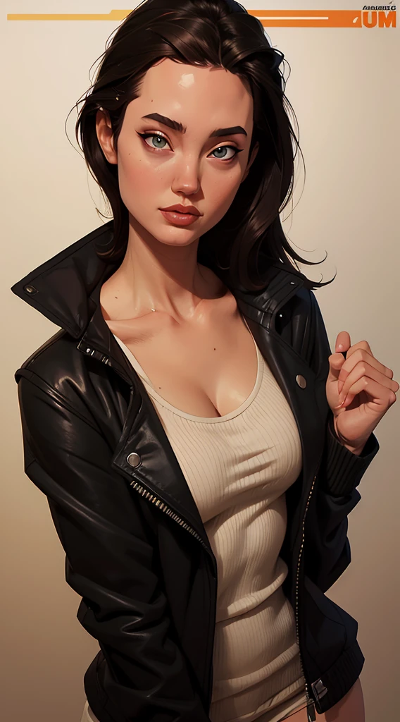 eliza1,1girl, solo, (realistic),(hyperrealism),(best quality),(masterpiece),(ultra high res),(photorealistic),(film grain),(upper body), eye makeup,detailed eyes,detailed face,black jacket, posing for a photo, outside winter, giant , tall girl, 25 years old, superstrong girl, hiper giant muscle 