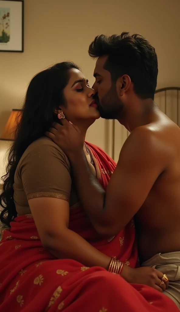 a 50-year-old shirtless man affectionately hugging and kissing aradiant, full-figured South Indian plus-sized 30 year old teacher wearing a blue silky saree in bed room, captured in a full-body image with vibrant hues and meticulous details. Full body image