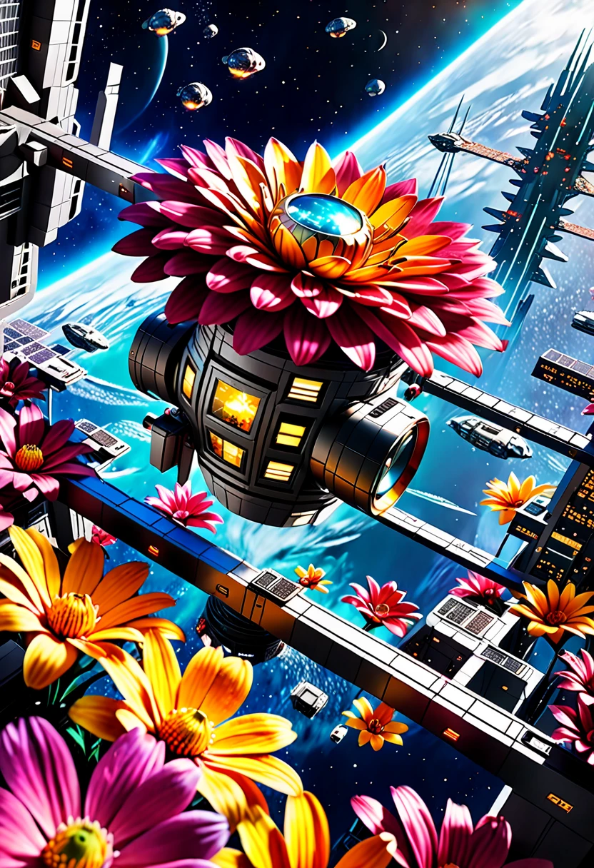 Masterpiece, highest quality, high resolution,4k, 8k,(realistic, photorealistic: 1.5),((colorful petals:1.8)),((Space Colony:1.5)),A colony floating in space ,Cyberpunk city, space colony like in Gundam, dark atmosphere, steam, damp, mechanical atmosphere