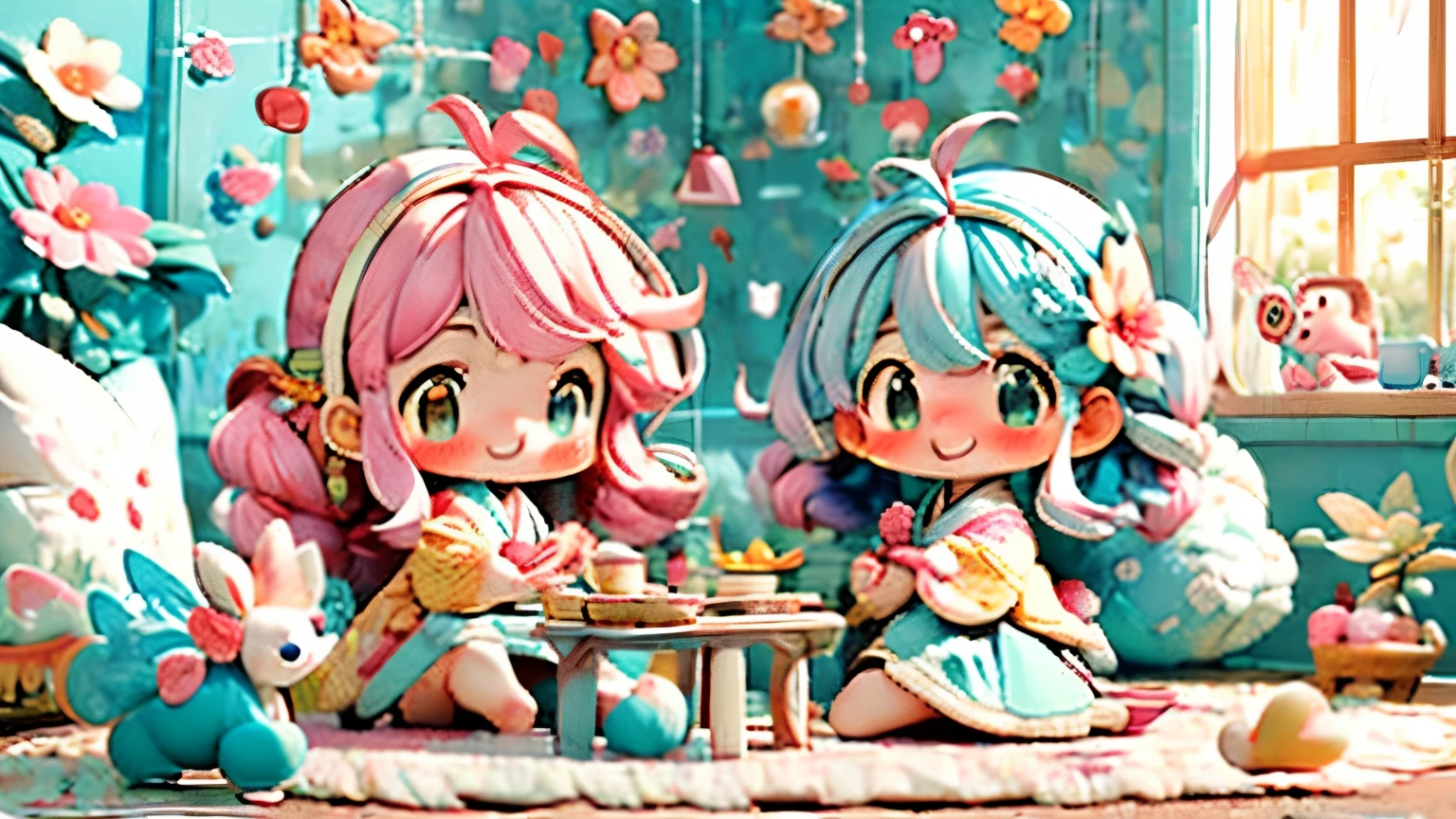 Create a Japanese moe anime-style illustration featuring two chibi-like young girls (about 4 heads tall) relaxing in a whimsical and colorful ren’s room.

The two girls sit together on a soft, fluffy rug surrounded by scattered toys, plushies, and cute accessories. One girl has short pastel pink hair styled in playful pigtails with ribbon ties, wearing a frilly pastel-colored dress. The other girl has medium-length wavy lavender hair adorned with a flower hair clip, wearing a cozy jumper skirt with a patterned shirt underneath. Both girls have cheerful, innocent expressions as they enjoy their time together.

The room is bright and airy, decorated with pastel-colored furniture, heart-shaped pillows, fairy lights, and small shelves filled with tiny trinkets and picture books. Plush toys of animals, stars, and other cute designs are scattered around, along with toy tea sets and building blocks. The walls feature colorful, whimsical patterns, and a large window allows soft sunlight to stream in, adding a warm and cozy atmosphere.

The color palette emphasizes pastel tones like pinks, yellows, blues, and purples, creating a light, cheerful, and inviting vibe. The illustration should feel soft and heartwarming, capturing the playful and carefree spirit of the ren and their cozy environment.