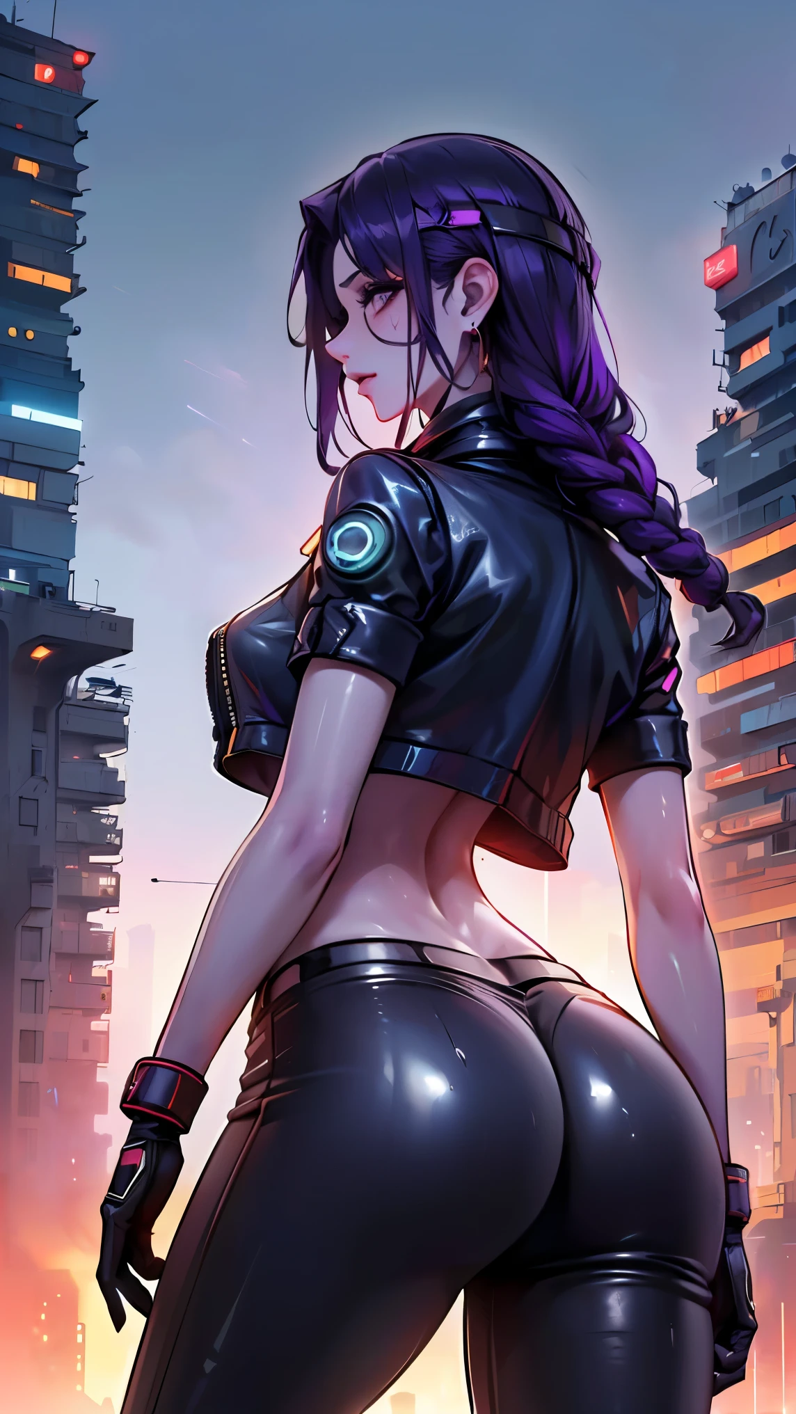 (((Best quality, 8k, Masterpiece: 1.3)), ((best quality)), ((masterpiece)), (detailed), perfect face, cyberpunk, jacket, leather pants, cybercity, night, purple hair, goggles, crystal earrings, Futurism, cinematic lighting, ray tracing, backlighting, very long hair, crystal hair, expressive hair, acid rain, Air pollution, loneliness, Solitude, Mechanical gloves