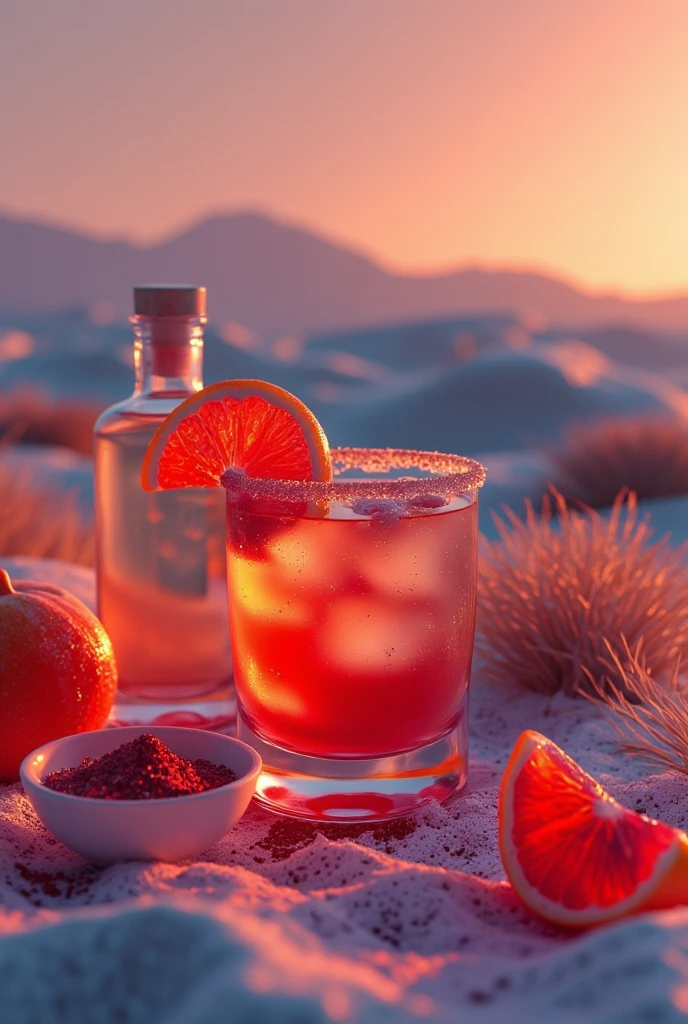 (best quality, 128k,highres,masterpiece:1.2),ultra-detailed,(realistic,photorealistic,photo-realistic:1.37), ((masterpiece)) ((photography)) ((Highest quality))  A smoky cocktail named "Smoky Sunset" served in a short tumbler glass.  
It mixes mezcal, blood orange juice, agave syrup, and a splash of smoked paprika for a deep, rich flavor.  
The glass is rimmed with smoked salt and garnished with a blood orange slice.  
Ingredients are artfully placed around the glass: a blood orange, a bottle of mezcal, a bowl of smoked salt, agave syrup, and smoked paprika.  
The background is a desert landscape at twilight with warm orange and pink hues.