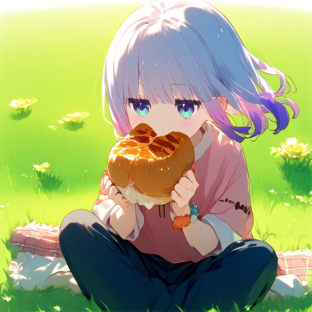  Kanna Kamui  holding food/(Boneless meat)/ sitting on the grass,  View from top to bottom , kawaii, [saturation:0.8]