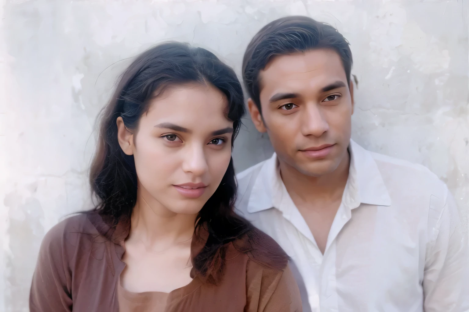 The man's shirt is light-black, his pants are black, his hair is curly black and he has a watch on his left hand. The woman is wearing a light-purple dress, her hair is black, and she is wearing a watch on her right hand. Both are a couple. The color of the skin is Black. The floor is an old house indian cupple