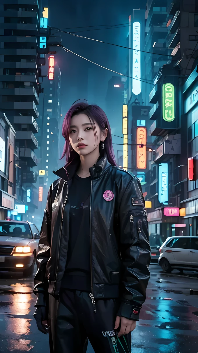 (((Best quality, 8k, Masterpiece: 1.3)), ((best quality)), ((masterpiece)), (detailed), perfect face, cyberpunk, jacket, leather pants, cybercity, night, purple hair, goggles, crystal earrings, Futurism, cinematic lighting, ray tracing, backlighting, very long hair, crystal hair, expressive hair, acid rain, Air pollution, loneliness, Solitude, Mechanical gloves