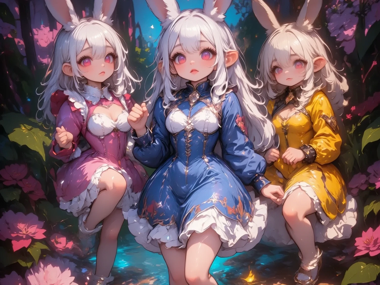  3 girls,(Chibi, cute, small, pink hair, very long hair ,bangs, Fluffy White Rabbit,Bunny ears, red eyes, big eyes, Beautiful Sparkling Eyes , white skin, big hair bow , pink ruffle dress ,Chest, full body image ),(Chibi, cute, small, blue hair, very long hair ,bangs, Fluffy White Rabbit,Bunny ears, red eyes, big eyes, Beautiful Sparkling Eyes , white skin, big hair bow , Blue Frilled Dress ,Chest, full body image ),(Chibi, cute, small, yellow hair , very long hair ,bangs, Fluffy White Rabbit,Bunny ears, red eyes, big eyes, Beautiful Sparkling Eyes , white skin, big hair bow ,yellow ruffle dress ,Chest, full body image ), cute background,(Scenery of 3 people being good friends ,Smiling Face), picture book illustration style ,