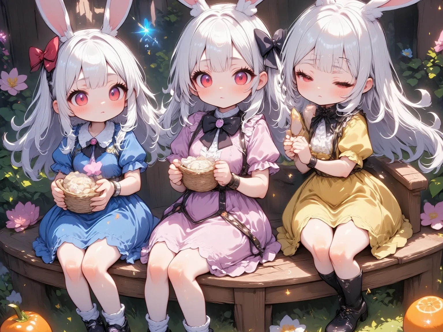  3 girls,(Chibi, cute, small, pink hair, very long hair ,bangs, Fluffy White Rabbit,Bunny ears, red eyes, big eyes, Beautiful Sparkling Eyes , white skin, big hair bow , pink ruffle dress ,Chest, full body image ),(Chibi, cute, small, blue hair, very long hair ,bangs, Fluffy White Rabbit,Bunny ears, red eyes, big eyes, Beautiful Sparkling Eyes , white skin, big hair bow , Blue Frilled Dress ,Chest, full body image ),(Chibi, cute, small, yellow hair , very long hair ,bangs, Fluffy White Rabbit,Bunny ears, red eyes, big eyes, Beautiful Sparkling Eyes , white skin, big hair bow ,yellow ruffle dress ,Chest, full body image ), cute background,(Scenery of 3 people being good friends ,Smiling Face), picture book illustration style ,