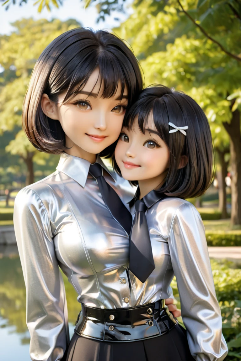 Japanese mother and young daughter buttoned in extremely tight shiny silver metallic blouse, Necktie, Is located in the park, bob cut, smell black hair, Lens reflection,  reflecting light , high resolution ,  Masterpiece , smile, Breasts, Gegenlicht, Glowing light, kiss, corset 