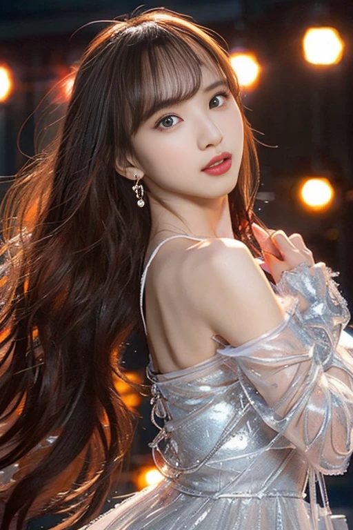 masterpiece、Beautiful girl、Fine grain、True Face、highest quality, 超High resolution, (reality: 1.4), Cinema Lighting、Japanese、Asian Beauty、Korean、so beautiful、Glowing Beautiful Skin、thin、Body facing forward、(Ultra-realistic)、(High resolution)、(8k)、(Very detailed)、(美しくFine grain)、(Very detailed)、 (wallpaper)、Detailed face、The lighting is bright、Professional Lighting、View the viewer、Look straight ahead、The costume is a black dress...、46 point diagonal bangs、Night view、Brown Hair、Japanese Idols、Korean Idol、Idol Sculpture、actress、19 years old、expensive、(Dynamic pose, Dynamic Angle:1.3), Random Pause, Random Angle,