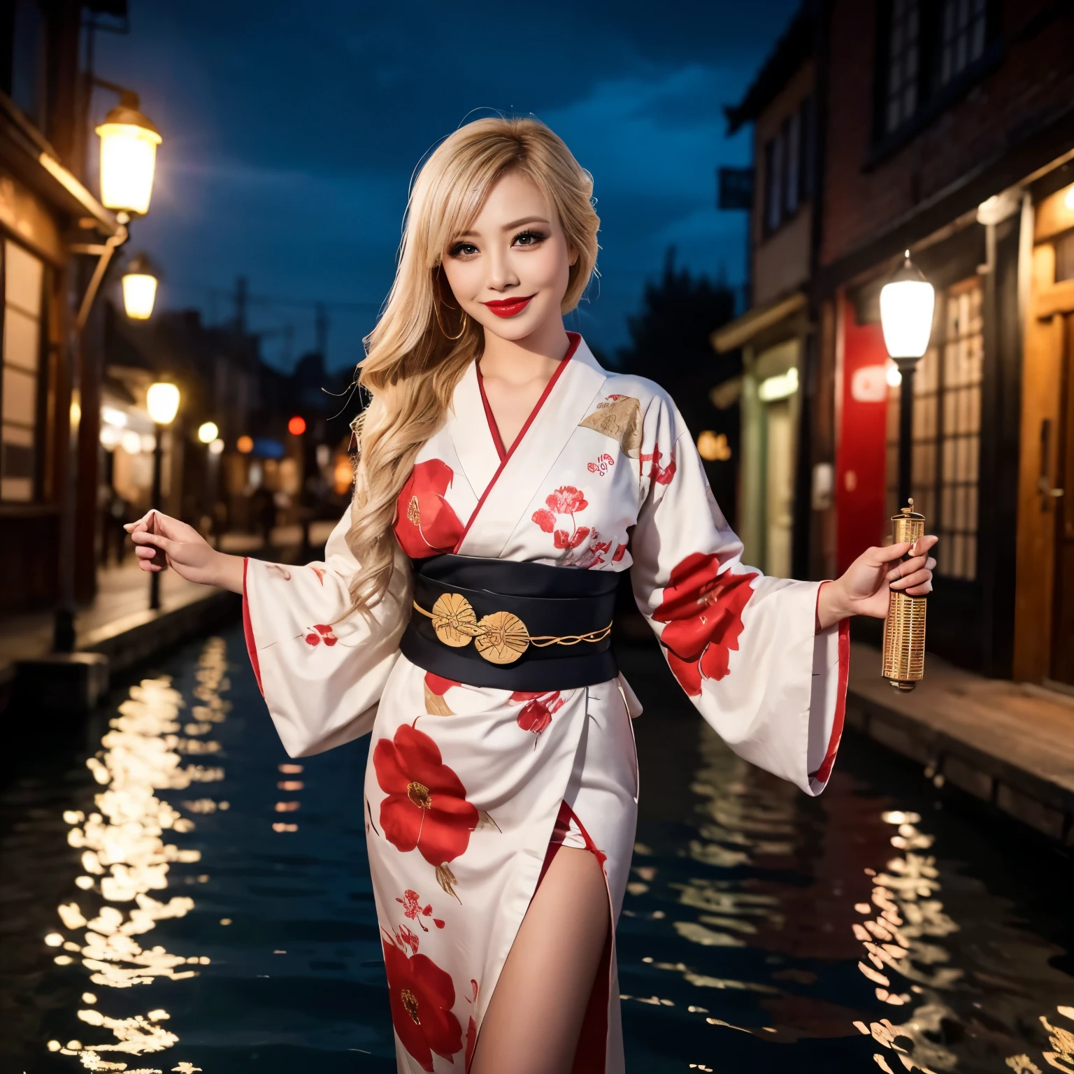 (( top quality、masterpiece、8k、 highest image quality taken by Ki、  depiction centered on a single woman  ))、1. Beauty、 red and gold courtesan costume 、 The most gorgeous and gorgeous bride furunzel 、Gorgeous courtesan kimono、Gorgeous tanned 、(Blonde、 Beautiful blonde 、Elegantly tidy hair、 bright color contacts )、 is the Red Light District in the background 、、、 smile at the camera、 photo from the waist up、Elegant standing posture、Graceful and noble 、 recreates the details of the perfect red light district 、 1 photo、Perfect human body、Perfect means、Nightlife、night excursion、 Midnight、Muddy、 lantern light 、Red lipstick、 eyelashes are long in the water、 Completely-valid、Dark Night、Naked and wearing only a kimono、 detailed face 