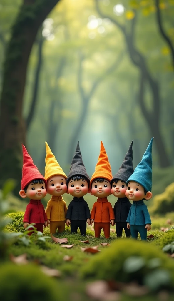 6 s 、Dressed like a dwarf、Wearing a triangular hat。 the first is a red hat 、 the second is an orange hat 、 the third is a yellow hat 、 the fourth is a blue hat 、 the fifth is a black hat 、The sixth one has a white hat 。