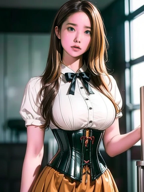 (64k, hyper HD, RAW photo, highs, Best quality, mast:2.0), (Ultra-fine detailing:3.0) a woman 18-years old, (the librarian), (collared white shirt, ribbon), (Neat, Neatness, Tight skirt:1.9), (Cowboy shot, Full body shot:1.3), (Carrying a bunch of books in the library), (Long black hair, Single braided bun, double bun hair), (Keep your mouth shut，With a faint smile of happiness), (Perfect body, Perfect figure), (Perfect slender body), (Huge breasts, Sexy cleavage:0.7), (Perfect, Flawless, Natural skin texture, hyper photorealism, Effective headlights, Sharp), (Perfectly effective front lighting:1.4)