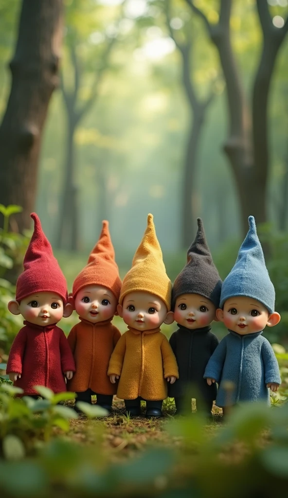 6 s 、Dressed like a dwarf、Wearing a triangular hat。 the first is a red hat 、 the second is an orange hat 、 the third is a yellow hat 、 the fourth is a blue hat 、 the fifth is a black hat 、The sixth one has a white hat 。