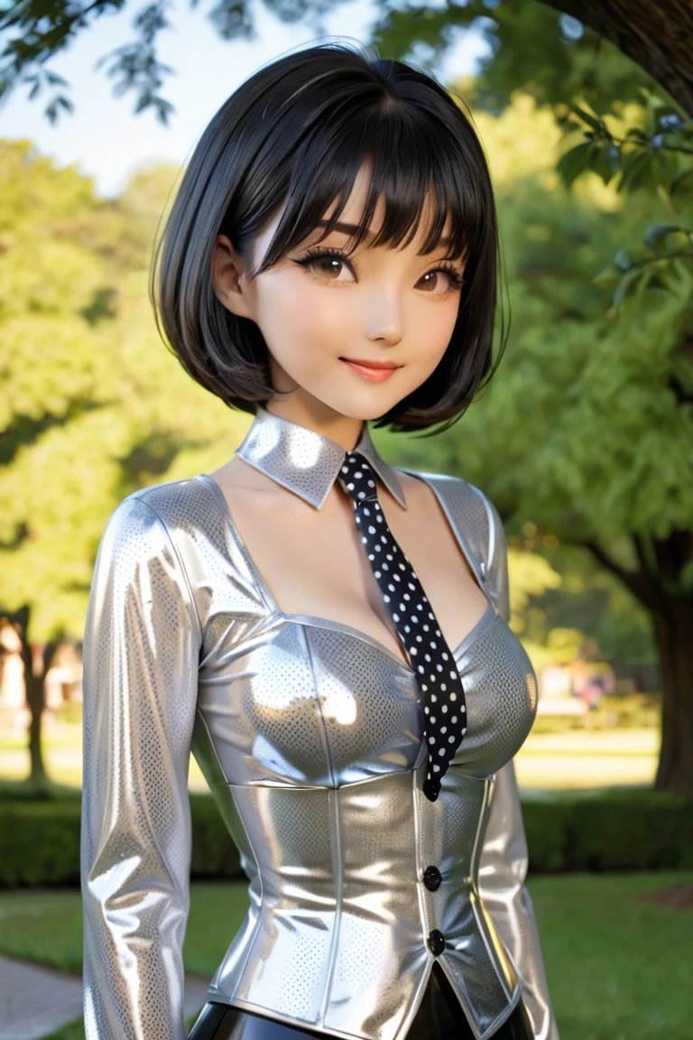 Japanese mother and young daughter buttoned in extremely tight shiny silver latex blouse, Necktie, Is located in the park, bob cut, smell black hair, Lens reflection,  reflecting light , high resolution ,  Masterpiece , smile, Breasts, Gegenlicht, Glowing light, kiss, corset, polka dot pattern  