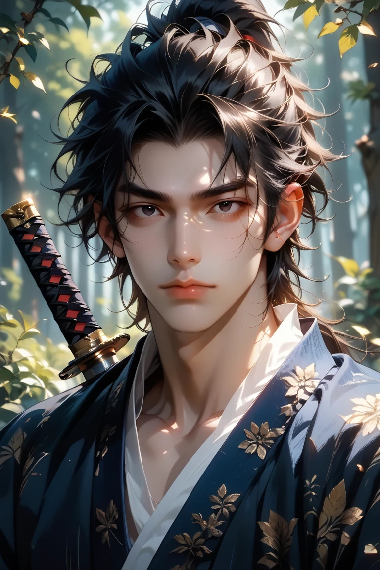 adult male, solo, broad shoulders, short hair, jet-black hair, messy hair, jet-black eyes, (half closed eyes:0.8), detailed eyes, detailed face, handsome face, masculine face, (Ashitaka, Ghibri), (blue japanese vulgar clothes), (with katana, expressionless, full body angle), (forest), good anatomy, best quality