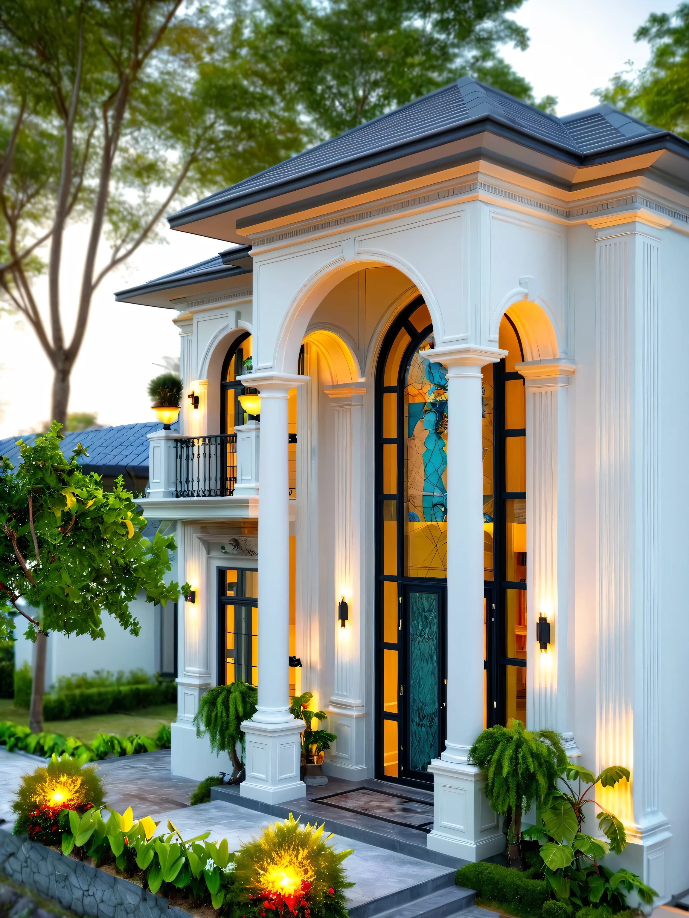 neo classical villa on street, (sunset), tropical tree, vivid colour, streetcapes, black detail, white wall, large glass door, warm interior lighting, wood and marble, best quality,