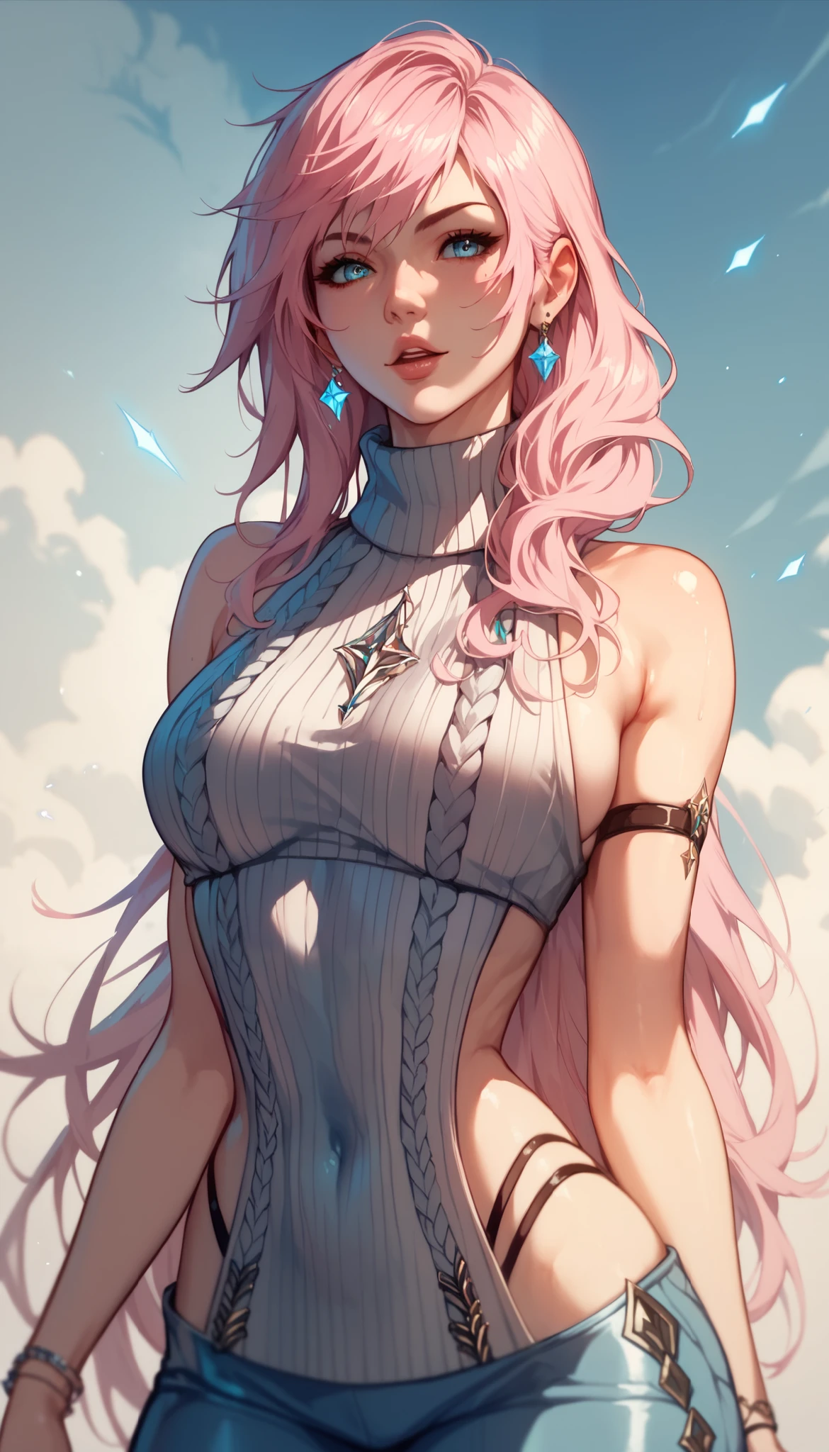 FFLightning, 1girl, pink hair, blue eyes, long hair、virgin destroyer sweater, Tight waist、Small waist、Glowing Skin、eight-headed body、Beauty、