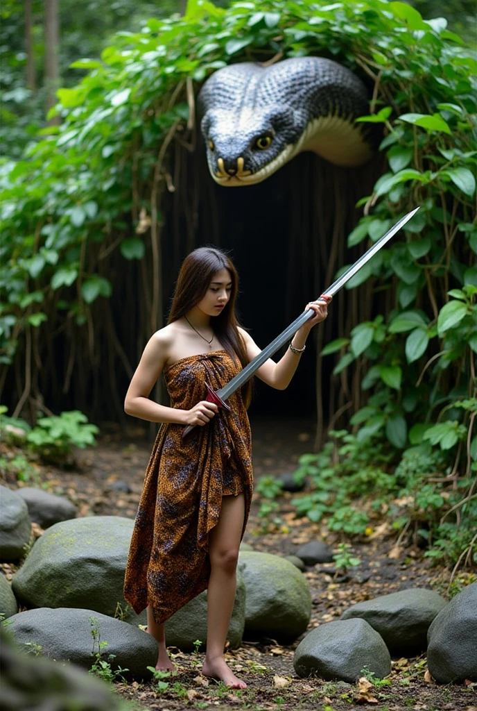 A fantasy scene of a young woman with long brown hair, wearing a sheath, holding a sword in a fierce fight against a raging super-large giant snake appearing from behind a hill covered in lush green leaves. The setting is a dramatic forest environment with rocky terrain, and a dynamic and eerie atmosphere. The woman is depicted in a heroic position, facing a large snake with determination. Long Hair, Breasts, 