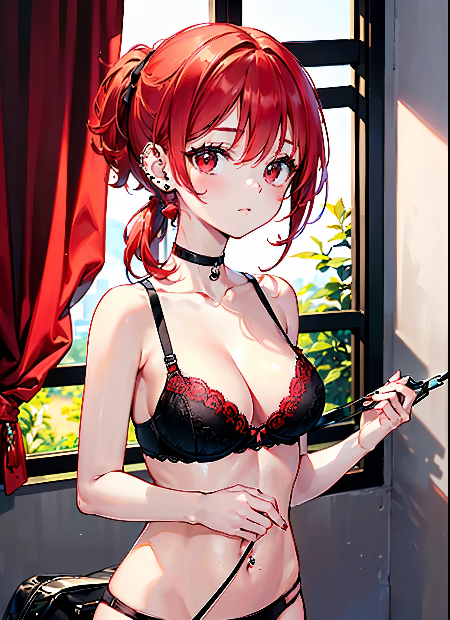 An anime girl with red hair and blue eyes wearing a skirt and an open shirt revealing a black and red bra