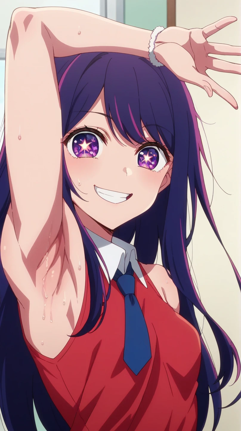 score_9, score_8_up, score_7_up, source_anime, anime screencap, 1girl, solo, hoshino ai, purple hair, purple eyes, star pupils eyes, small breasts, long hair, arm up, raised arm, armpit, looking at viewer, head towards viewer, smile, badhandv4, opened mouth,red shirt, white collar, blue tie ribbon, biceps bracelet, sleeveless, from side, sweaty armpits