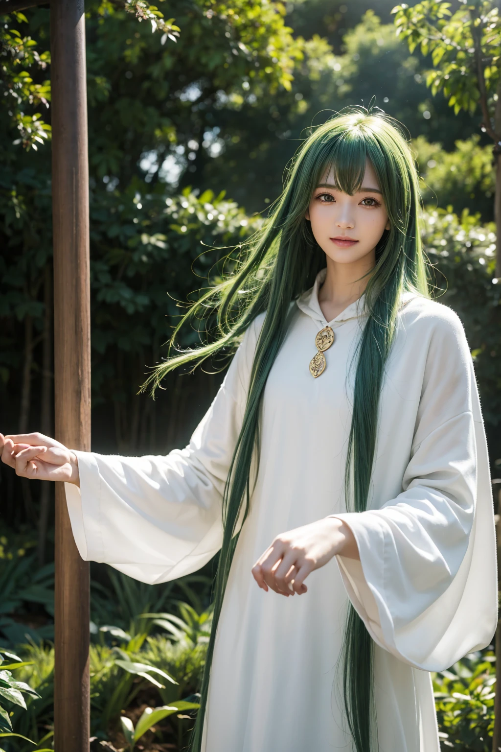 masterpiece,  top quality, Enkidu, White,  upper body,  gentle smile , standing,  Audience , forest ,one piece of cloth, green hair, (forward hand)