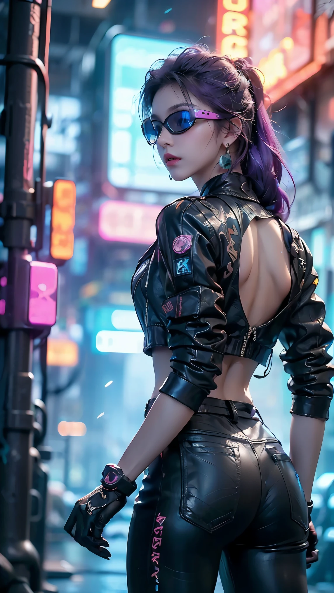 (((Best quality, 8k, Masterpiece: 1.3)), ((best quality)), ((masterpiece)), (detailed), perfect face, cyberpunk, jacket, leather pants, cybercity, night, purple hair, goggles, crystal earrings, Futurism, cinematic lighting, ray tracing, backlighting, very long hair, crystal hair, expressive hair, acid rain, Air pollution, loneliness, Solitude, Mechanical gloves