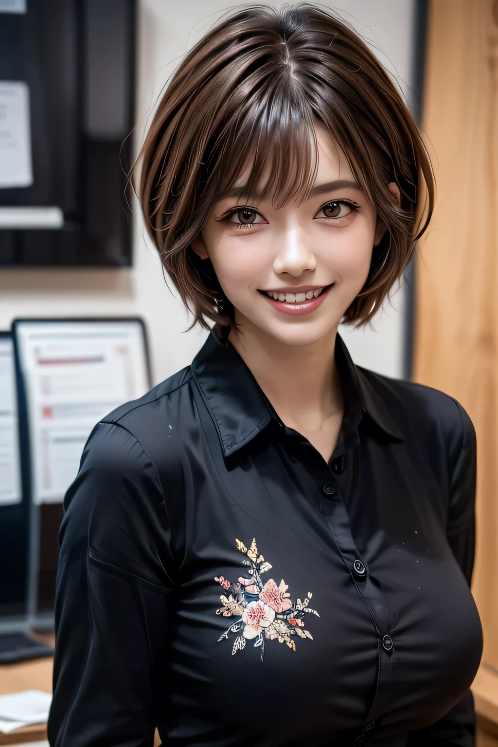((masterpiece )), (( Top Quality)), ((16k)), (( surreal)), (( realistic)), ( mature), (( No classes)), very detailed , ( 1 female ), Beautiful and exquisite, (Beautiful Teeth), grin, brunette pixie cut, brown eyes, ((Black shirt decorated with detailed patterns)), ( upper body), (( office)), perfect eyes, amazing eyes, look at the audience with your body facing the front