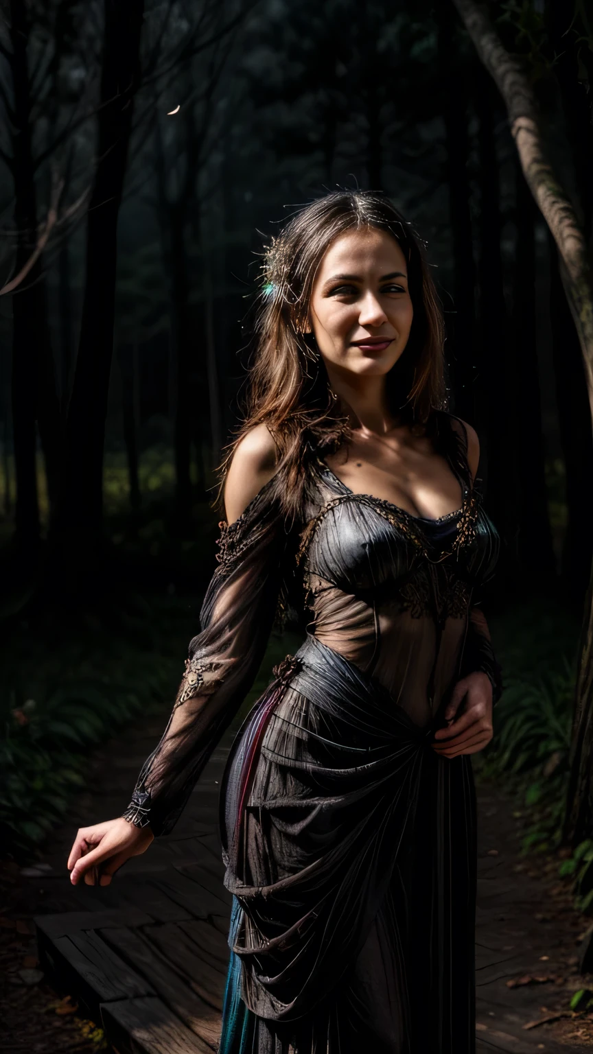 1girls, ,,Simper smile, High-definition image, a woman, her hair adorned with glowing fireflies, eyes shimmering with enchantment. Dressed in a gown made from woven moonlight, she stands in a mystical forest where trees come to life. The scene, bathed in the ethereal glow of the fireflies, captured in the style of a magical forest artwork., (masterpiece, best quality, official art,intricate details:1.2)