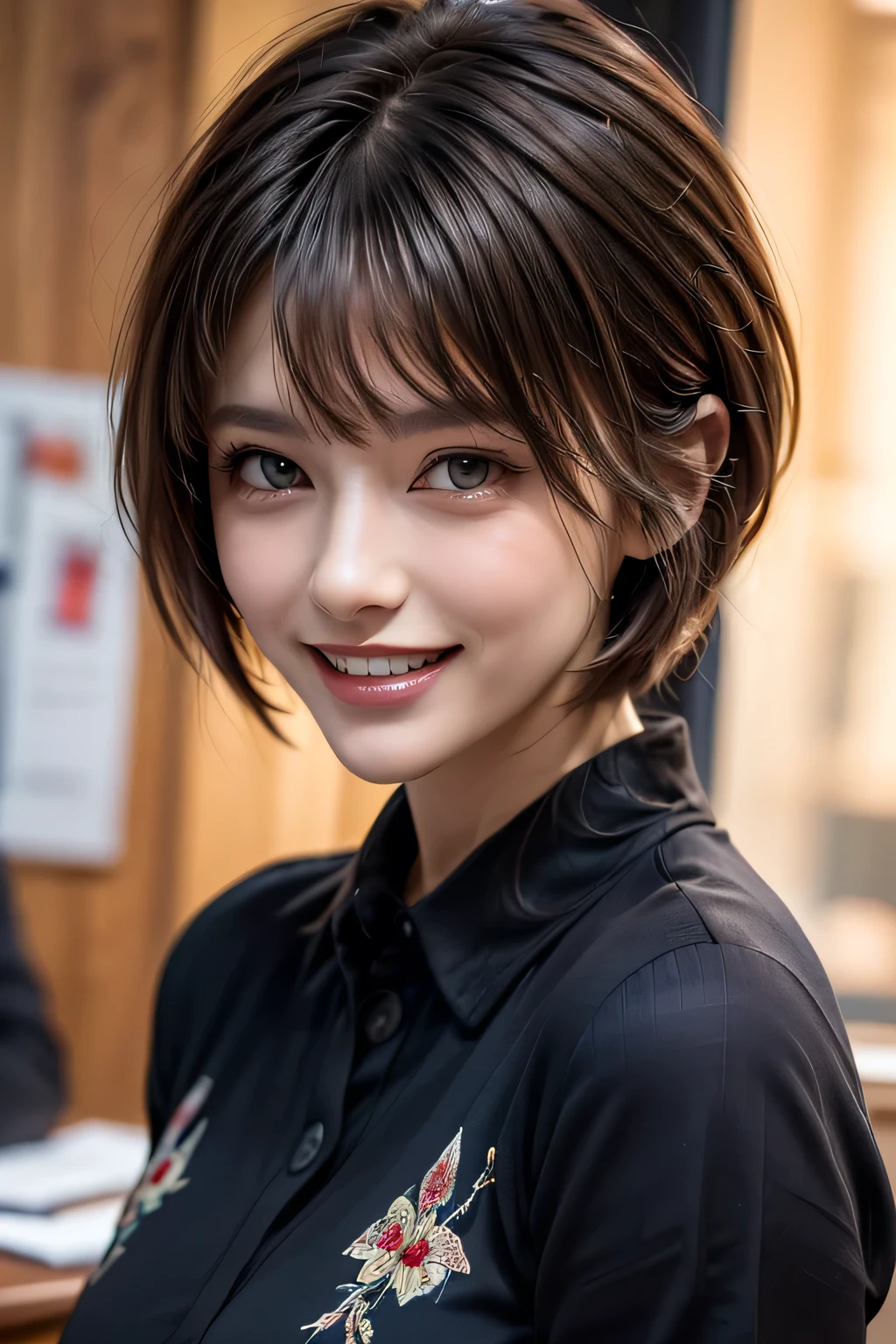 ((masterpiece )), (( Top Quality)), ((16k)), (( surreal)), (( realistic)), ( mature), (( No classes)), very detailed , ( 1 female ), Beautiful and exquisite, (Beautiful Teeth), grin, brunette pixie cut, brown eyes, ((Black shirt decorated with detailed patterns)), ( upper body), (( office)), perfect eyes, amazing eyes, look at the audience with your body facing the front