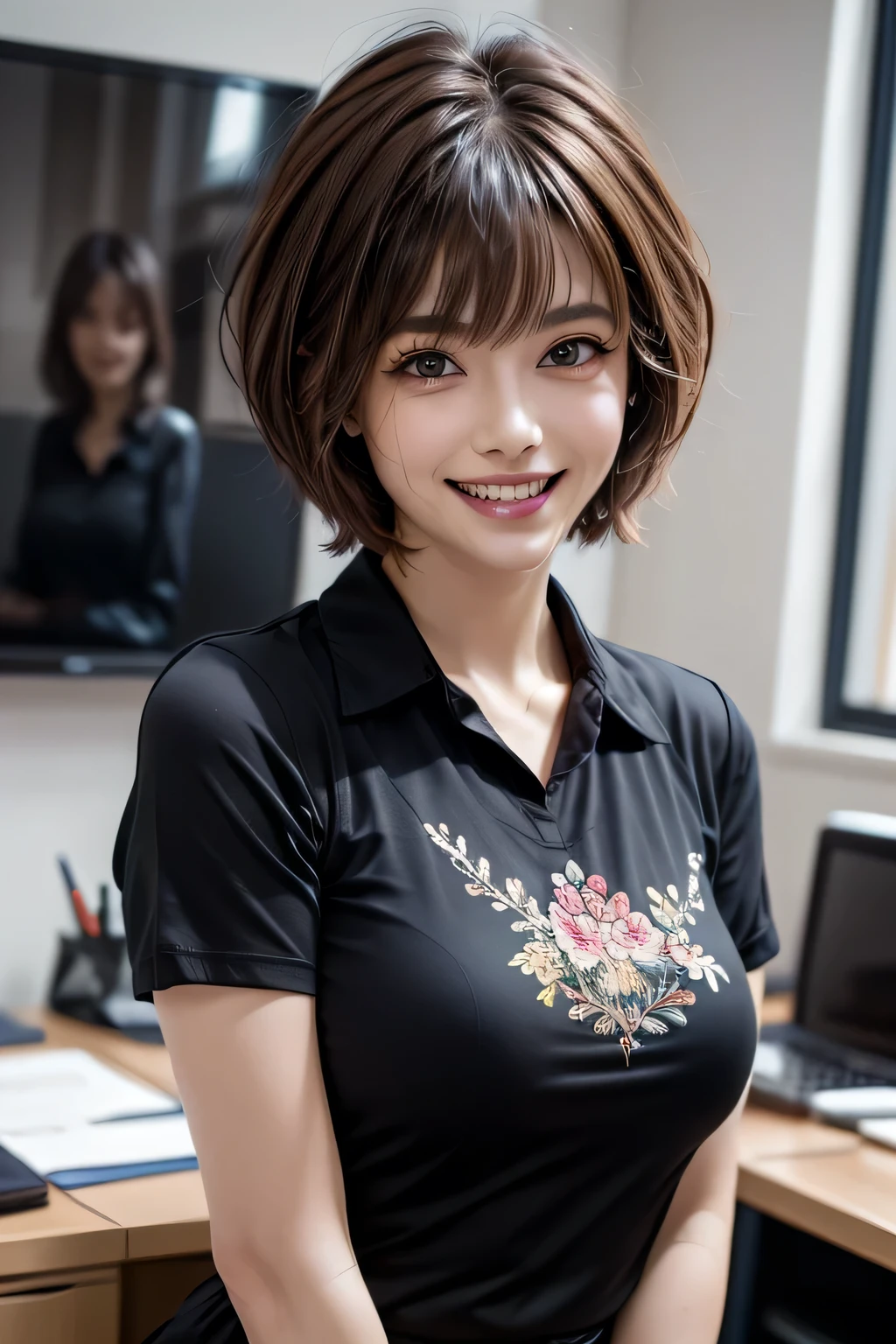 ((masterpiece )), (( Top Quality)), ((16k)), (( surreal)), (( realistic)), ( mature), (( No classes)), very detailed , ( 1 female ), Beautiful and exquisite, (Beautiful Teeth), grin, brunette pixie cut, brown eyes, ((Black shirt decorated with detailed patterns)), ( upper body), (( office)), perfect eyes, amazing eyes, look at the audience with your body facing the front