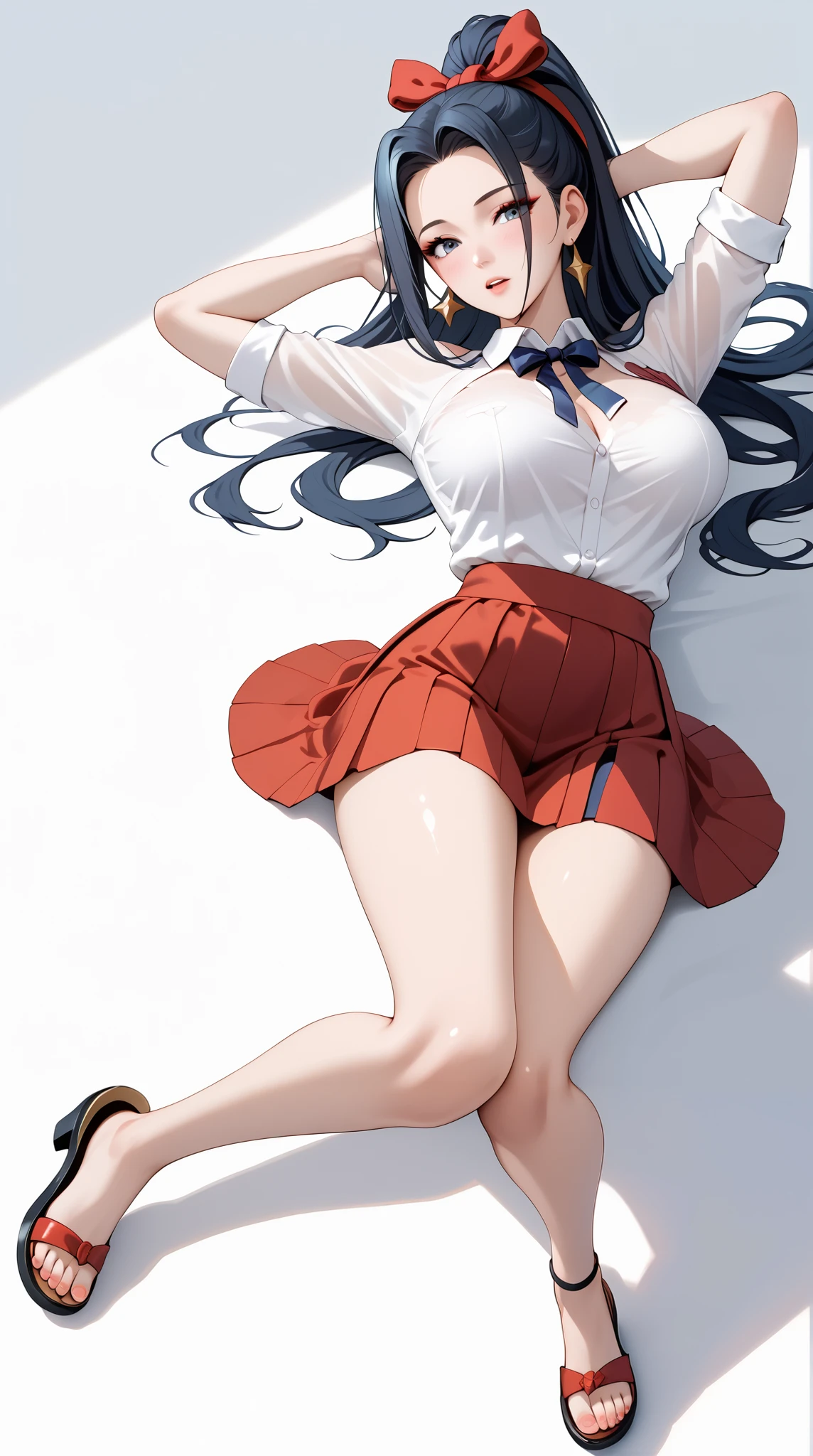 Masterpiece, extremely detailed, high quality, perfect anatomy, ,4k,solo,1girl,hanabi,black ponytail hair, beauty ,sexy outfit,white tshirt,skirt,full body ,lying on the floor, sexy pose, squad,long legs ,perfect slim body,arms behind head,large breasts,((kawai face)),embarassed ekspression,looking at viewers,((plain white background))
