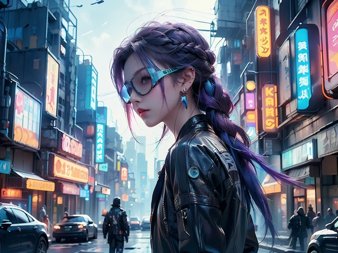 (((Best quality, 8k, Masterpiece: 1.3)), ((best quality)), ((masterpiece)), (detailed), perfect face, cyberpunk, jacket, leather pants, cybercity, night, purple hair, goggles, crystal earrings, Futurism, cinematic lighting, ray tracing, backlighting, very long hair, crystal hair, expressive hair, acid rain, Air pollution, loneliness, Solitude, Mechanical gloves