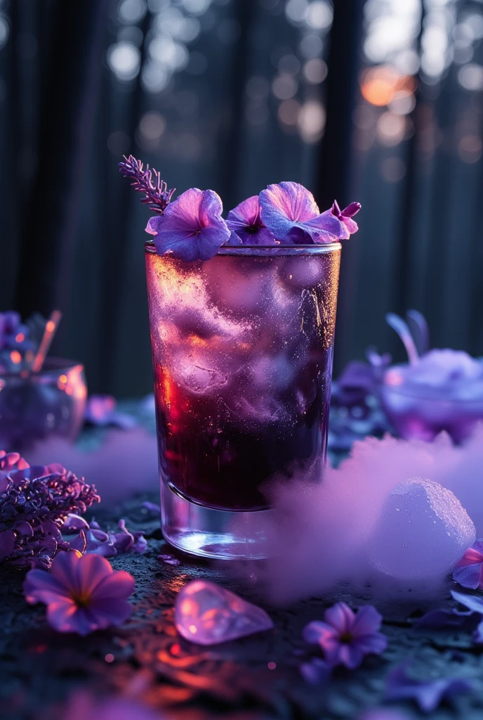 (best quality, 128k,highres,masterpiece:1.2),ultra-detailed,(realistic,photorealistic,photo-realistic:1.37), ((masterpiece)) ((photography)) ((Highest quality))  A mysterious cocktail named "Brume Mystique" served in a black, frosted glass with a smoky aura.  
It features squid ink gin, jasmine tea tonic, violet syrup, and dry ice for a foggy effect.  
The glass is garnished with purple edible flowers and a sprig of lavender.  
Ingredients are arranged around the glass: a bowl of squid ink, a pot of jasmine tea, violet syrup in a glass container, and dry ice with tongs.  
The background is a dark, enchanted forest illuminated by faint moonlight.