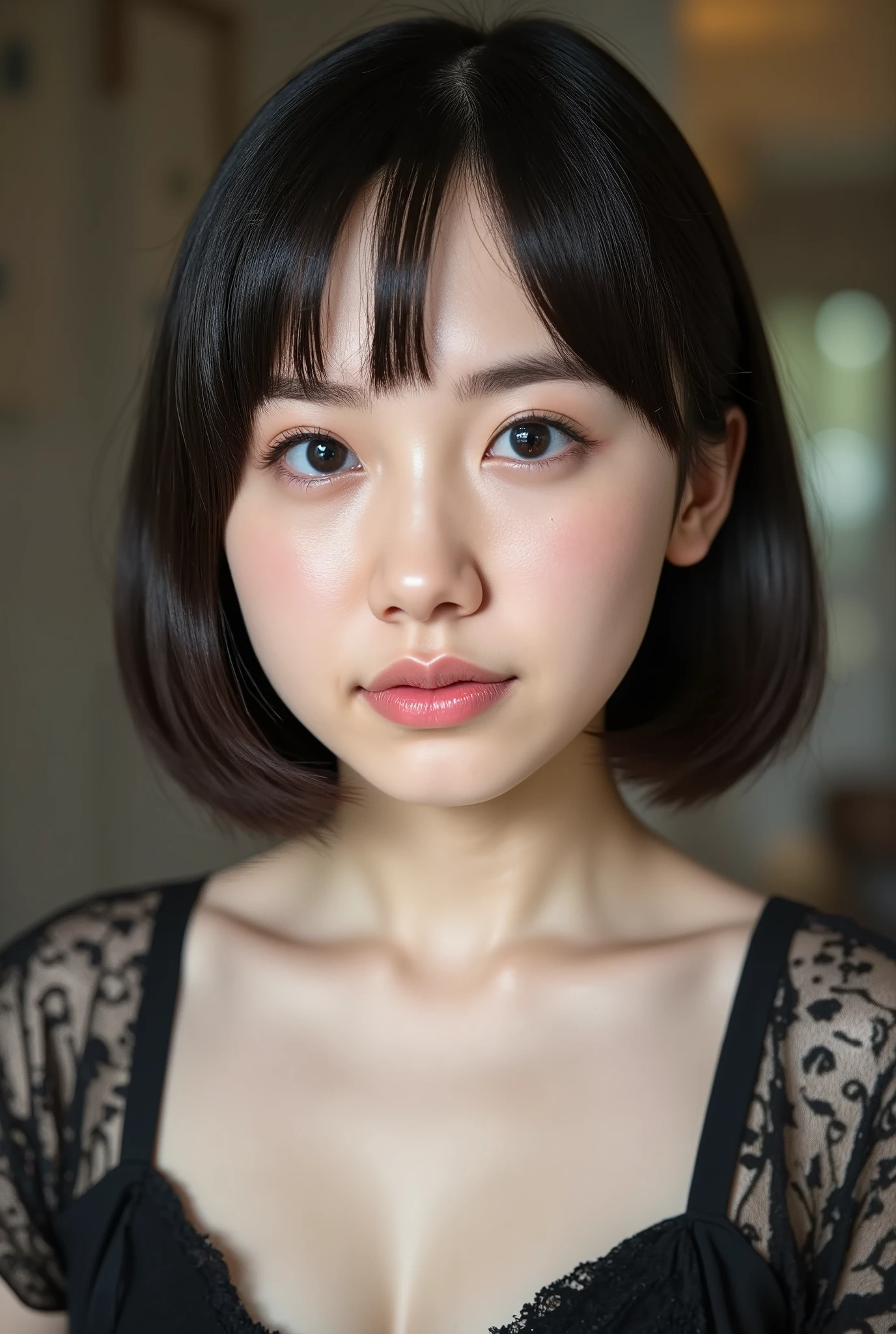 (( petite woman, Voluptuous women, without makeup, black hair)), ( full body portrait , black hair, black hair, short bob hair , very large breasts, very dark pubic hair ), white skin, Thin lips, skinny, Body Type, delicate and charming collarbone, 最 High Quality , RAW photos, realistic, face, とても beautiful, cute, Deep rim , high definition, 超 Details, Details, Very Details, extremely Details eye and face, Sharp Eye, sharp concentration , Cinema Lighting, masterpiece, 最 High Quality ,16k,8k, beautiful,Get used to it, exquisite,extremely Get used to it, finely Get used to it, High Quality , insanely Get used to it, ultra Get used to it, 超 high definition, 超 High Quality , beautiful face, Japanese , nsfw,When naked , (Completely naked, cute girl),Cinema Lighting , Detailsな乳首,