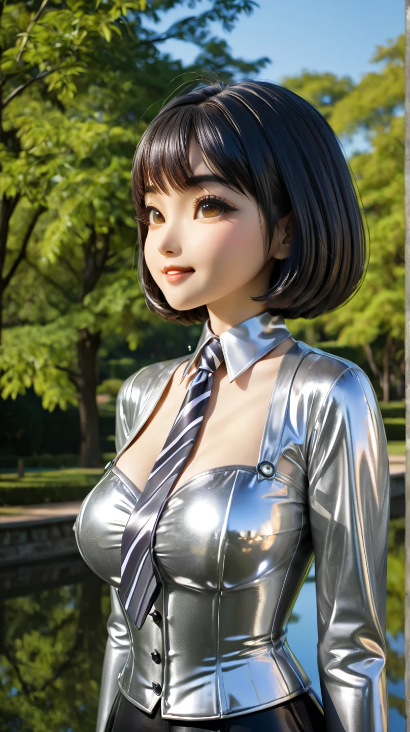 Japanese mother and  daughter buttoned in extremely tight shiny silver latex blouse, Necktie, Is located in the park, bob cut, smell black hair, Lens reflection,  reflecting light , high resolution ,  Masterpiece , smile, Breasts, Gegenlicht, Glowing light, kiss, corset, striped pattern 