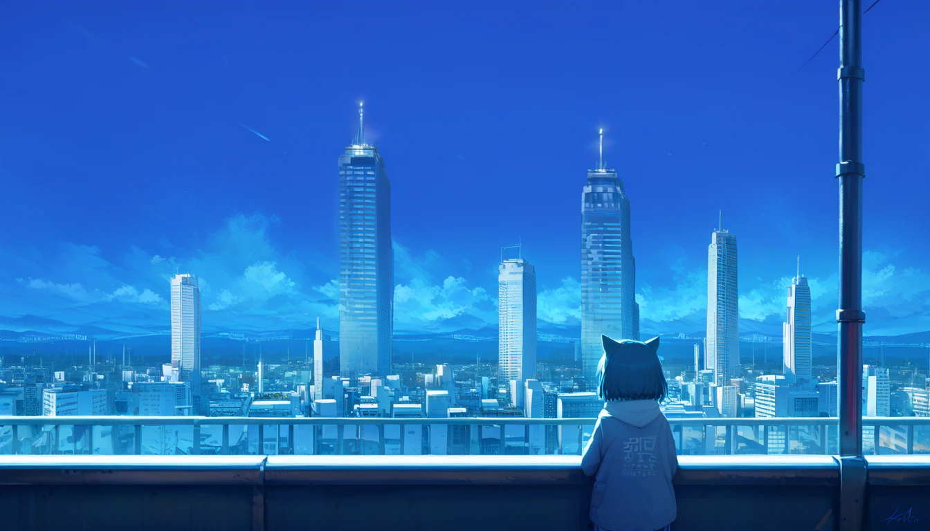 Fraction_9, Fraction_8_up, source_ Japanese cartoon , 1 Girl,  cowboy shooting, Rule of Thirds, composition, Movie,  Very wide lens, night, night sky, Skyline,  cityscape , snow,  Looking Elsewhere , From the back, Movie, Cold Lighting, Blue Theme,  , Silhouette,