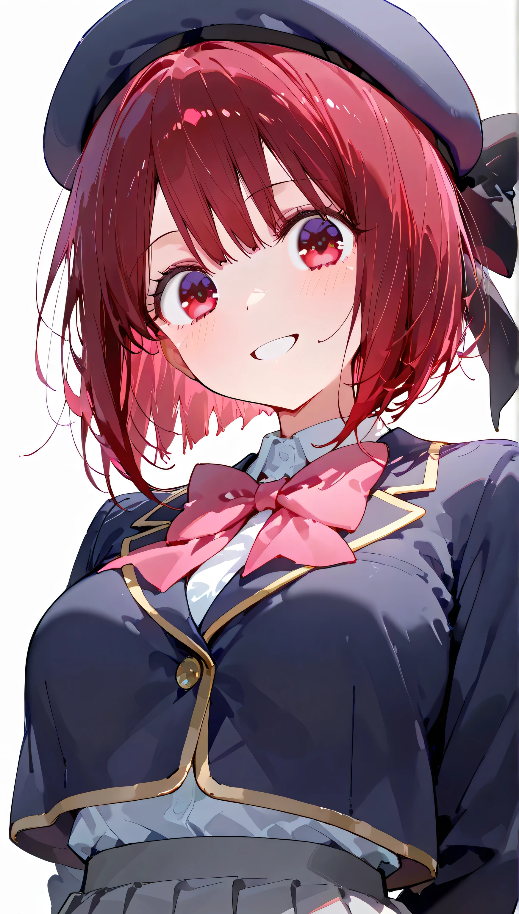 upper body,close up face,
(extremely detailed CG,masterpiece, highres icon,absurdres,4K,f 2.8 lens), White background,1girl,mature_lady,alone, ( small face), pubic skin, Of light, charming body,Lewd Curves,
kana arima, short hair, bangs, red eyes, red hair, bob cut,Medium breast,
skirt, long sleeves, hat, bow, school uniform, jacket, pink bow, grey skirt, blue headwear,
electile nipples through clothes,
happy smile,detail eyes,clothing open,