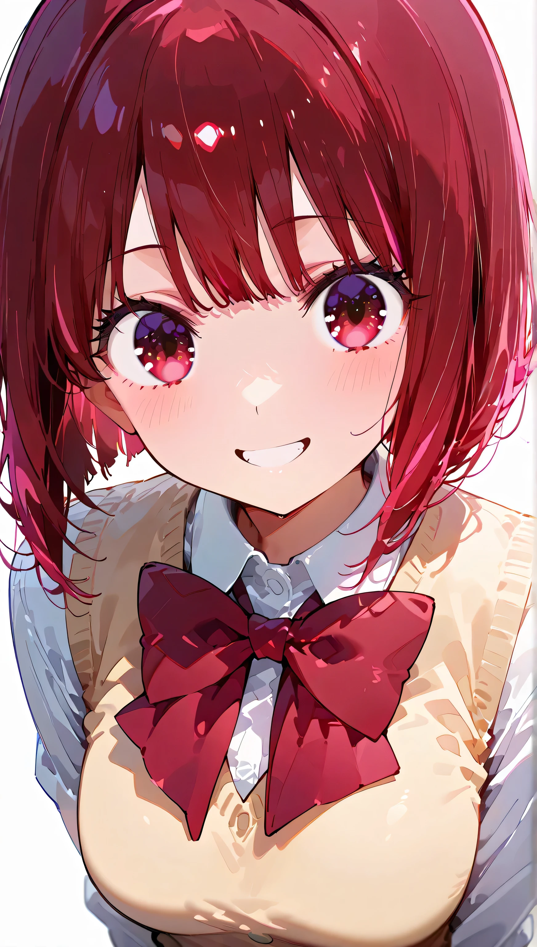 upper body,close up face,from front,
(masterpiece:1.2, Best Quality), 1girl,solo,White background,
beauty, glossy lips, Rouge,
happy smile,
kana arima, short hair, bangs, red eyes, red hair, bob cut,medium breasts,
long sleeves, school uniform, white shirt, collared shirt, vest, black vest,detail eyes,