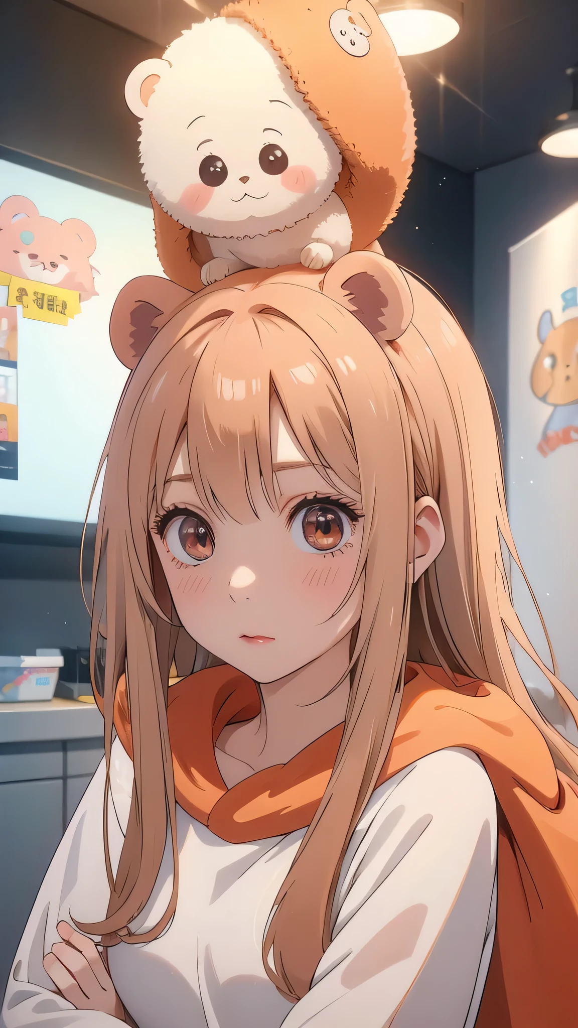A girl in a hamster costume, blanket pulled over her head. she has peach coloured hair and Gray eyes,