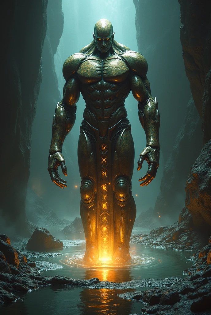 An imposing statue of a reptilian in flames rijas in dark background photo realistic