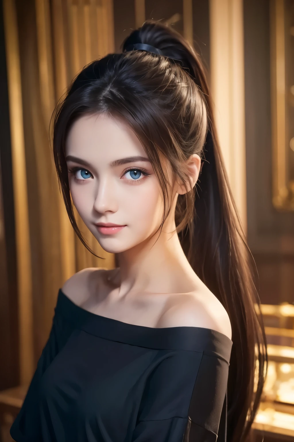 ( top quality ), (Masterpiece), ( high definition), ( detailed information on dark black hair:0.2),( PROFESSIONAL LIGHTING ), room, detailed background , Oversized Black T Shirt , off the shoulder , (Previous View), 1 girl, Alone, ( beautiful faces:1.40), slender body , fine skin, smile, long ponytail brown hair, sky blue eyes, (Medium sized beast:1.10), view in viewer ,