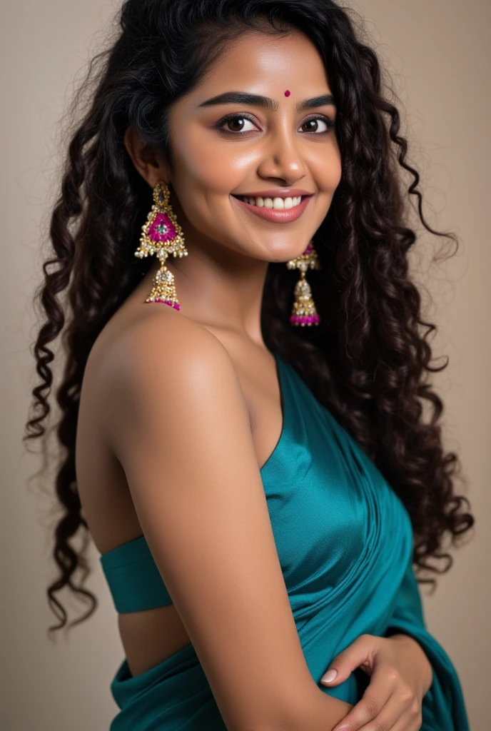 Generate a sharp, photorealistic portrait of Anupama Parameswaram exuding confidence and allure. She stands with a slight turn, one shoulder slightly more exposed, adding a touch of sophistication. She is dressed in a vibrant teal traditional silk garment with a modest neckline, which drapes gracefully over her form. Her long, dark, curly hair cascades over her shoulders, glossy and well-defined. She adorns ornate, large earrings with intricate designs, enhancing her elegant appearance. The background is neutral and softly blurred, providing a backdrop that highlights her features. Soft, diffused lighting accentuates her features and the textures of her hair and clothing, creating a warm and inviting atmosphere. Her warm, even skin tone has a natural glow, and the image features pixel-perfect skin texture. The overall mood is one of refined elegance and grace, capturing her captivating presence with a subtle smile that exudes confidence and approachability.