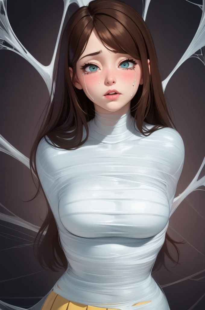 1fille, 25 ans, very realistic, very detailed, lit, stretched, caverne sombre, ,cheveux bruns, very long transparent skirt, elongate,(gag:1.4),red scarf gag
