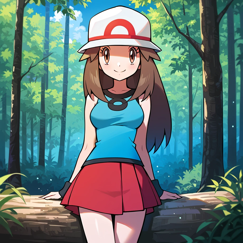 score_9, score_8_up, score_7_up, score_6_up, best quality, source_anime, cel shading, flat color, vector, detailed background, blue background, clouds, trees, forest, BREAK 1girl, solo, leaf_(\pokemon\), brown hair, long hair, brown eyes, white hat, blue sleeveless shirt, red skirt, blue socks,, wristbands, medium breasts, cowboy shot, looking at viewer, smile, bedroom eyes, smile, blushing, two heads, conjoined