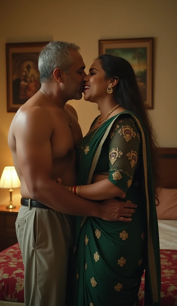 Beautiful and Slim Indian full brests woman Aishwarya Rai in green blouse red saree lifting a large chubby fat man above her shoulders, man is sitting on woman's shoulders, in a bedroom with high ceiling, natural smile,  woman is looking into the camera , full body image 
