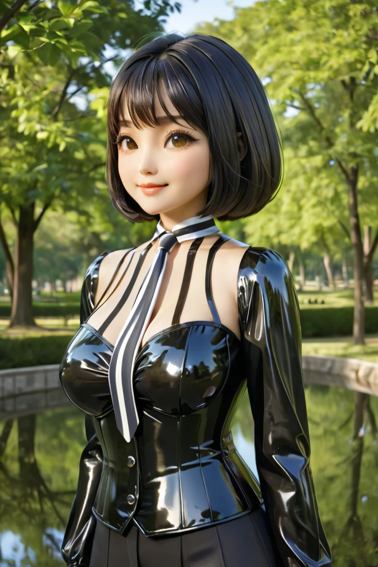 Japanese mother and  daughter buttoned in extremely tight shiny latex blouse, Necktie, Is located in the park, bob cut, smell black hair, Lens reflection,  reflecting light , high resolution ,  Masterpiece , smile, Breasts, Gegenlicht, Glowing light, corset, striped pattern 