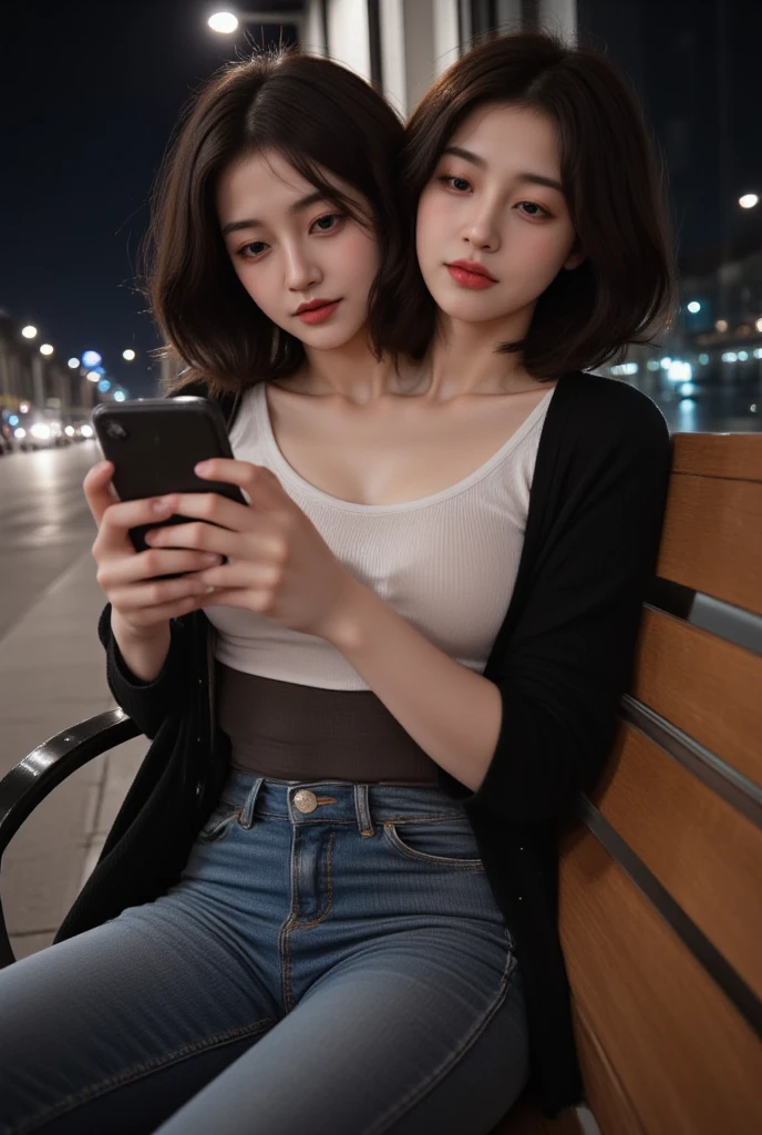 (two heads and two necks on the same shoulders). Conjoined woman with two heads.(((ultra highres))),(((Short Hair、 black hair、 wavy hair )))(((extremely detailed))),exceptionally detailed,best quality,8k resolution,meticulous details,photo-realistic,realistic textures,Perfect big eye, korean, (blonde alone:1.2),gal makeup,Dark Makeup Around Eyes,jeans and a T-shirt, midriff, sitting on a bench, scrolling through a phone, with a city nightscape,a confident expression,at a medium distance ,Beautiful ultra-high definition face,ultra HD curls ,(Beautiful teeth with ultra-high definition depiction:1.1)